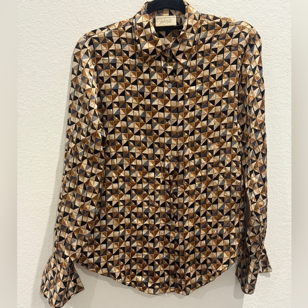 Lords & Taylors 100% Silk Geometric Patterned Brown Shirt